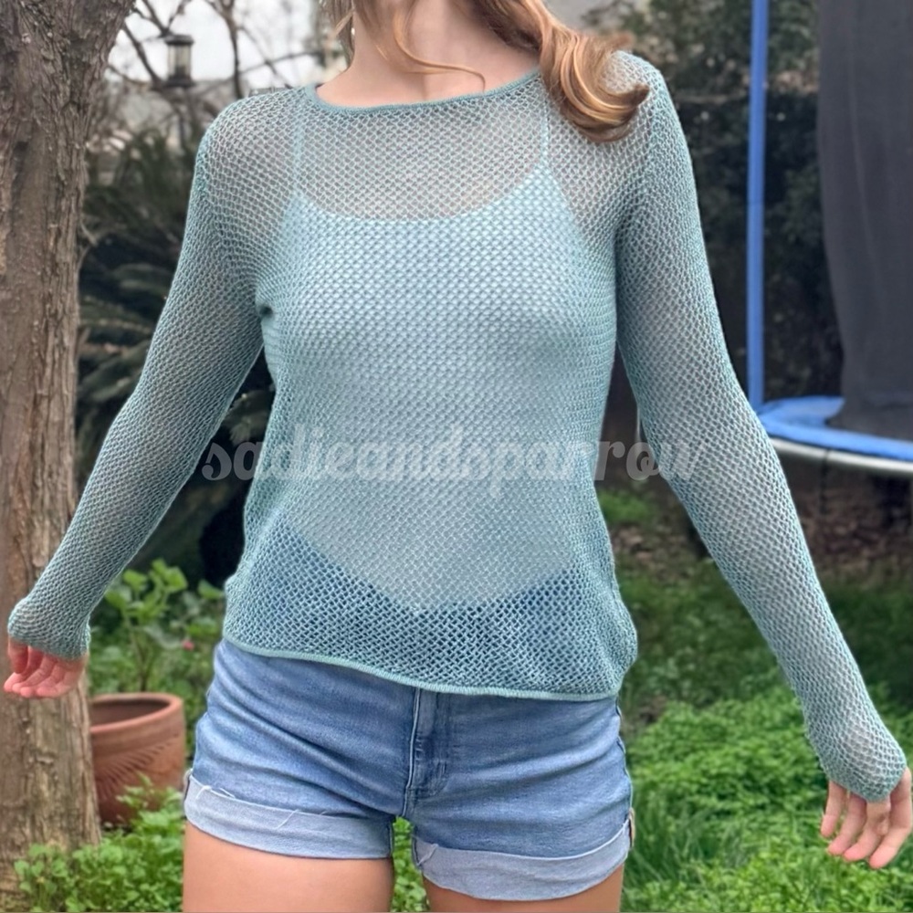 EILEEN FISHER M S VTG Linen Delave Open Stitch Sweater • Aqua Turquoise Seafoam